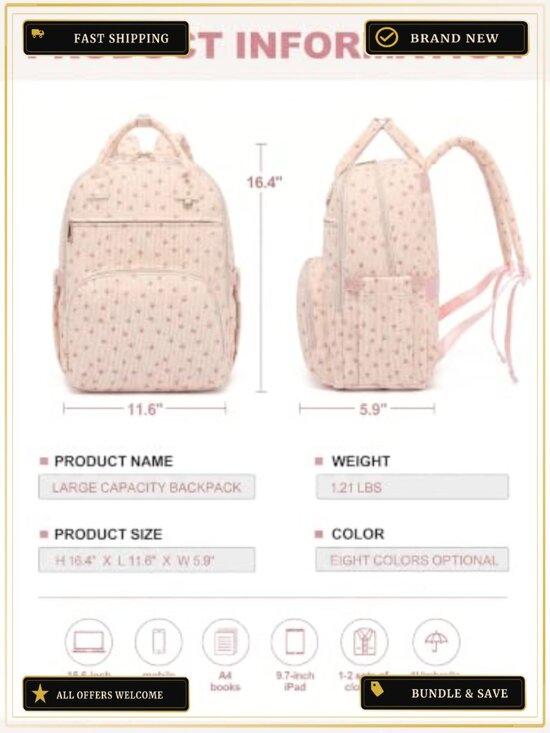 Padded Laptop Backpack for Women, Corduroy Lightweight College Backpack 15.6 main image 4